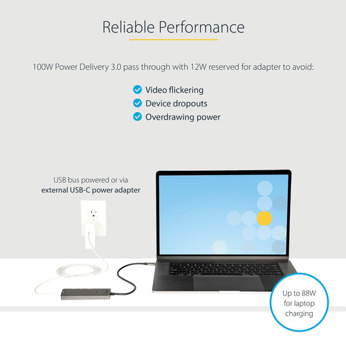 StarTech.com USB C Multiport Adapter - USB-C to HDMI 2.0b 4K 60Hz (HDR10), 100W Power Delivery Pass-Through, 4-Port USB 3.0 Hub - USB Type-C Mini Dock - 12" (30cm) Long Attached Cable