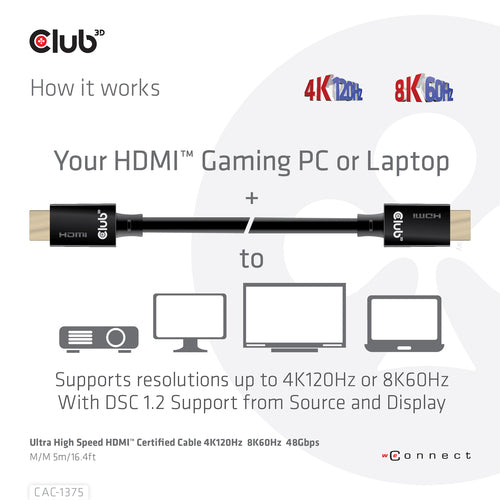 CLUB3D Ultra High Speed HDMI™ Certified Cable 4K120Hz 8K60Hz 48Gbps M/M 5m/16.4ft