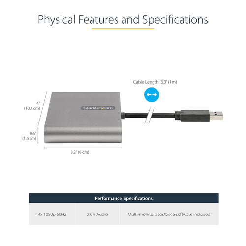 StarTech.com USB 3.0 to Quad HDMI Adapter, USB to 4x HDMI Monitor Converter for Windows (no support for macOS/ChromeOS/Linux) - TAA