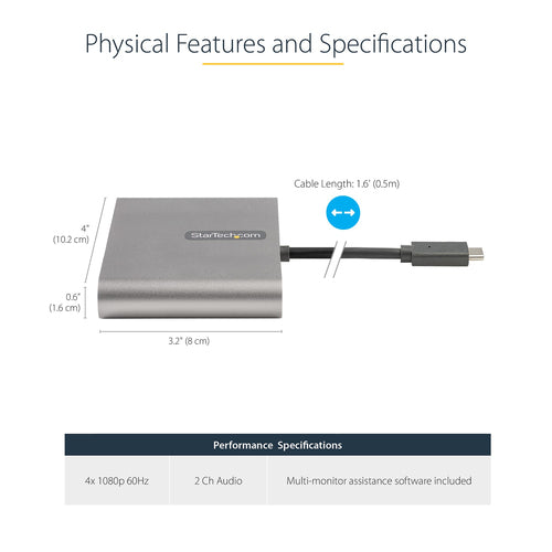 StarTech.com USB C to Quad HDMI Adapter, USB-C to 4x HDMI Monitor Converter for Windows (no support for macOS/ChromeOS/Linux) - TAA
