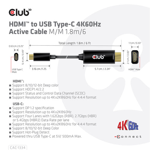 CLUB3D HDMI to USB Type-C 4K60Hz Active Cable M/M 1.8m/6 ft