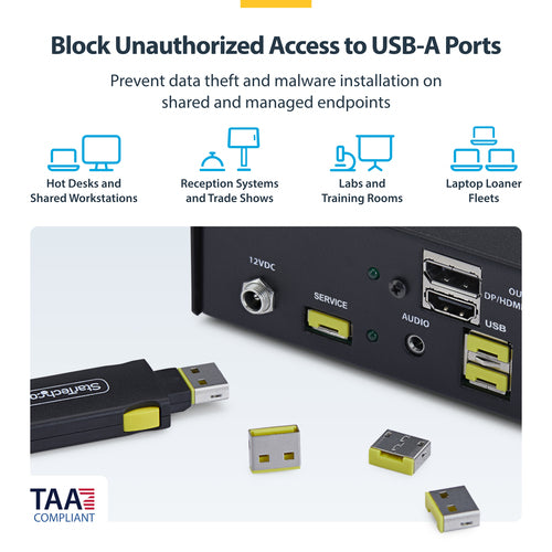 StarTech.com USB-A Port Blocker Key with 4x Locking USB-A Dust Cover Plugs, Snap-In Reusable Port Protectors for Laptops & Computers