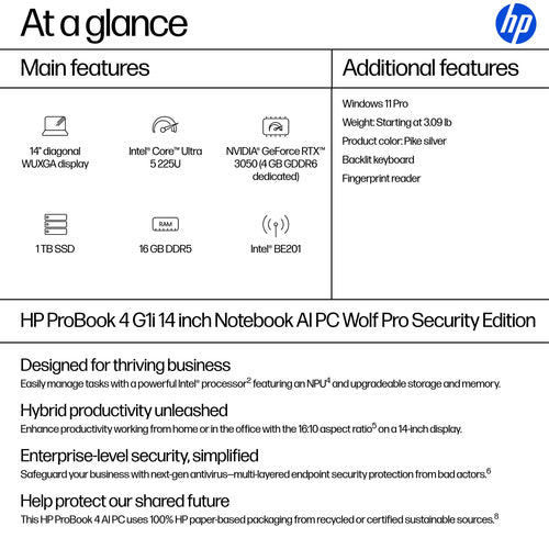 HP ProBook 4 G1i AI Wolf Pro Security Edition Intel Core Ultra 5 225U Laptop 35.6 cm (14") WUXGA 16 GB DDR5-SDRAM 1 TB SSD Wi-Fi 7 (802.11be) Windows 11 Pro Silver