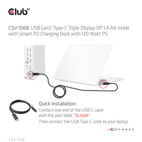 CLUB3D Docking station(Metal casing)1x USB Gen2 Type-C Female (data) 2x USB Gen2 Type-A Female 1x USB Gen1 Type-A Female 1x USB Type-A (RED) Smart Charging port 5V/2.4A Max. • 2x HDMI™ (DP Alt Mode) 1x DP™ (DP Alt Mode) hdr 1x VGA 1x RJ45 1 + 120 Watt