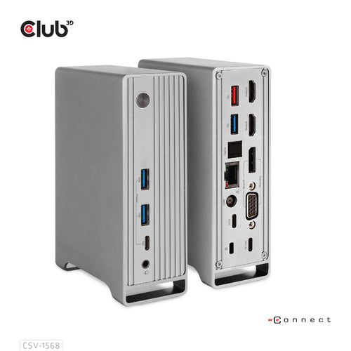 CLUB3D Docking station(Metal casing)1x USB Gen2 Type-C Female (data) 2x USB Gen2 Type-A Female 1x USB Gen1 Type-A Female 1x USB Type-A (RED) Smart Charging port 5V/2.4A Max. • 2x HDMI™ (DP Alt Mode) 1x DP™ (DP Alt Mode) hdr 1x VGA 1x RJ45 1 + 120 Watt
