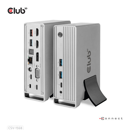 CLUB3D Docking station(Metal casing)1x USB Gen2 Type-C Female (data) 2x USB Gen2 Type-A Female 1x USB Gen1 Type-A Female 1x USB Type-A (RED) Smart Charging port 5V/2.4A Max. • 2x HDMI™ (DP Alt Mode) 1x DP™ (DP Alt Mode) hdr 1x VGA 1x RJ45 1 + 120 Watt