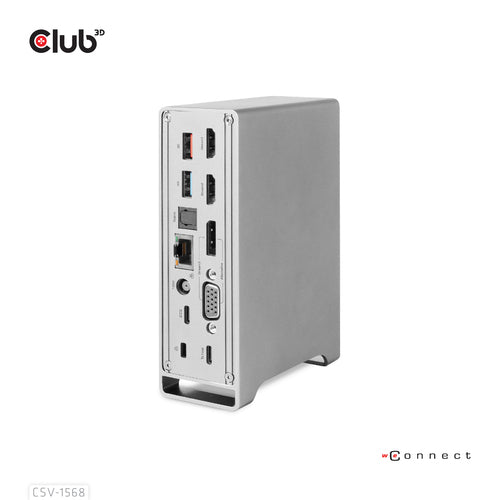 CLUB3D Docking station(Metal casing)1x USB Gen2 Type-C Female (data) 2x USB Gen2 Type-A Female 1x USB Gen1 Type-A Female 1x USB Type-A (RED) Smart Charging port 5V/2.4A Max. • 2x HDMI™ (DP Alt Mode) 1x DP™ (DP Alt Mode) hdr 1x VGA 1x RJ45 1 + 120 Watt