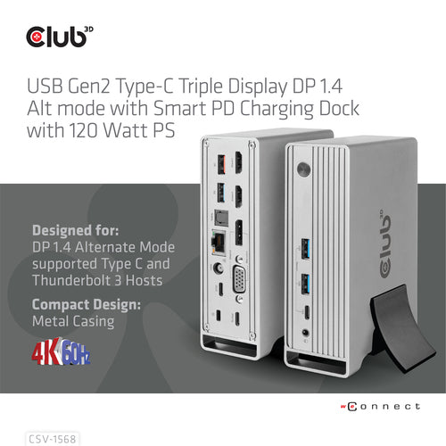 CLUB3D Docking station(Metal casing)1x USB Gen2 Type-C Female (data) 2x USB Gen2 Type-A Female 1x USB Gen1 Type-A Female 1x USB Type-A (RED) Smart Charging port 5V/2.4A Max. • 2x HDMI™ (DP Alt Mode) 1x DP™ (DP Alt Mode) hdr 1x VGA 1x RJ45 1 + 120 Watt