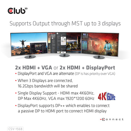 CLUB3D Docking station(Metal casing)1x USB Gen2 Type-C Female (data) 2x USB Gen2 Type-A Female 1x USB Gen1 Type-A Female 1x USB Type-A (RED) Smart Charging port 5V/2.4A Max. • 2x HDMI™ (DP Alt Mode) 1x DP™ (DP Alt Mode) hdr 1x VGA 1x RJ45 1 + 120 Watt