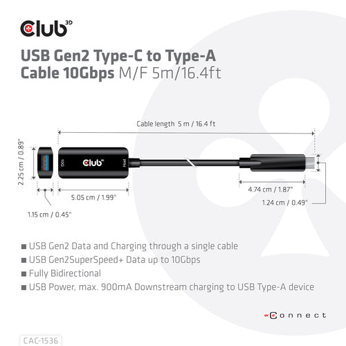 CLUB3D USB Gen2 Type-C to Type-A Cable 10Gbps M/F 5m/16.4ft