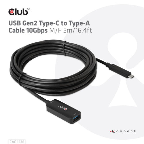 CLUB3D USB Gen2 Type-C to Type-A Cable 10Gbps M/F 5m/16.4ft