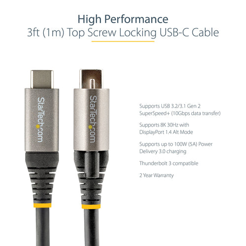 StarTech.com 3ft (1m) Top Screw Locking USB C Cable 10Gbps - USB 3.1/3.2 Gen 2 Type-C Cable - 100W (5A) Power Delivery Charging, DP Alt Mode - Single Screw Lock, USB-C Cord Charge/Sync