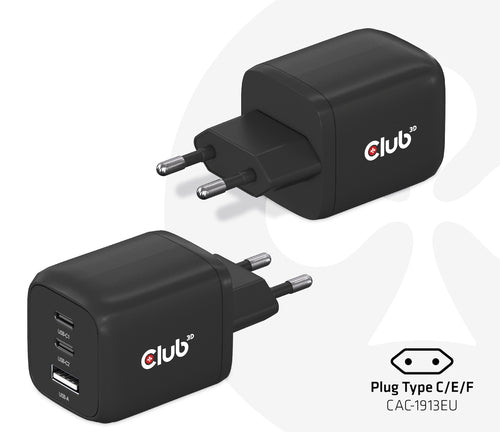 CLUB3D Travel Charger PPS 65Watt GAN technology, Triple port (2x USB Type-C + USB Type-A) Power Delivery(PD) 3.0 Support