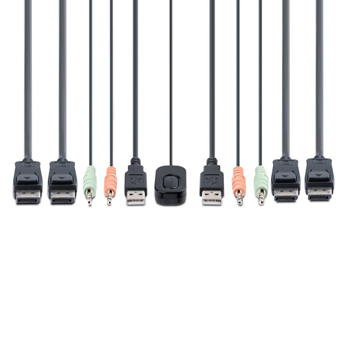 StarTech.com 2-Port Dual-Monitor DisplayPort Cable KVM Switch, 4K 60Hz, Compact KVM with 5ft/1.5m USB-A/DisplayPort/Audio Integrated Cables, Bus Powered - Remote Push Button/Hotkey Switching