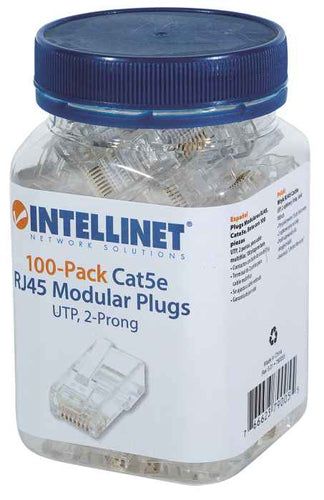 Intellinet RJ45 Modular Plugs, Cat5e, UTP, 2-prong, for stranded wire, 15 µ gold plated contacts, 100 pack