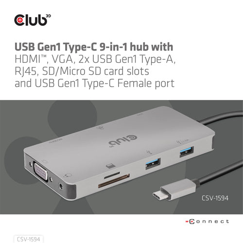 CLUB3D USB Gen1 Type-C 9-in-1 hub with HDMI, VGA, 2x USB Gen1 Type-A, RJ45, SD/Micro SD card slots and USB Gen1 Type-C Female port