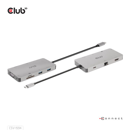 CLUB3D USB Gen1 Type-C 9-in-1 hub with HDMI, VGA, 2x USB Gen1 Type-A, RJ45, SD/Micro SD card slots and USB Gen1 Type-C Female port