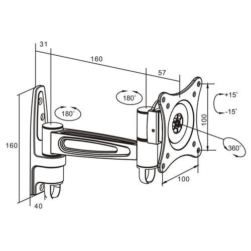 Manhattan Wall Mount for TV & Monitors (Full Motion), For screens 13" to 27", VESA compatibility: 75x75mm and 100x100mm - check the dimensions of the four mounting holes on back of screen to ensure it fits, Max 15kg, Black, Bracket, Lifetime Warranty