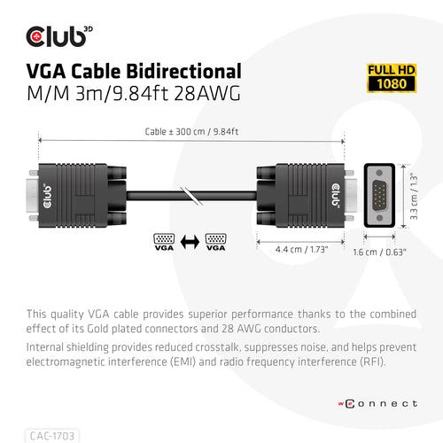 CLUB3D VGA Cable Bidirectional M/M 3m/9.84ft 28AWG