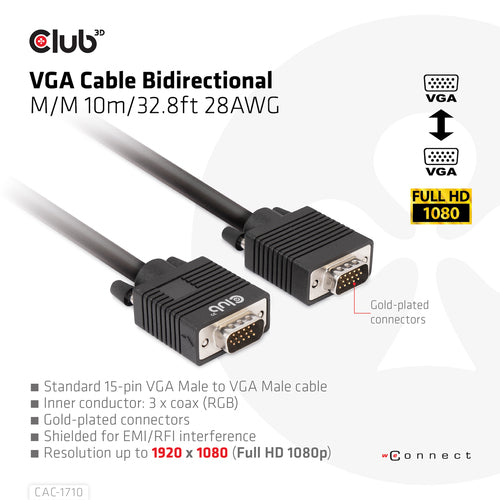 CLUB3D VGA Cable Bidirectional M/M 10m/32.8ft 28AWG