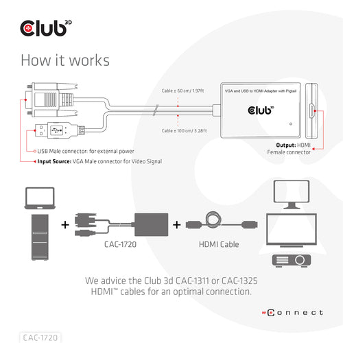 CLUB3D VGA and USB Type-A to HDMI Adapter with Pigtail M/F 0.6m/1.97ft 28AWG