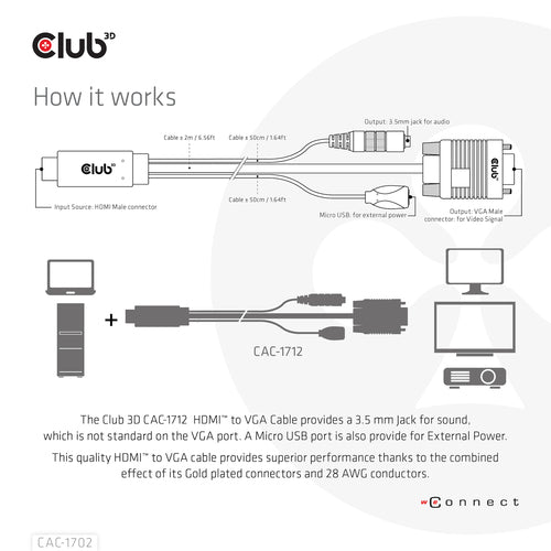 CLUB3D HDMI to VGA Cable M/M 2m/6.56ft 28AWG