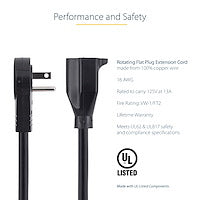 StarTech.com 6ft (2m) Power Extension Cord - 360; Rotating Flat Plug Extension Cord - NEMA 5-15P to NEMA 5-15R, 16 AWG, 125V/13A - Black Short 3-Prong Power Extender Cable