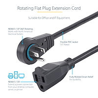 StarTech.com 10ft (3m) Power Extension Cord - 360; Rotating Flat Plug Extension Cord - NEMA 5-15P to NEMA 5-15R, 16 AWG, 125V/13A - Black Short 3-Prong Power Extender Cable - UL Certified