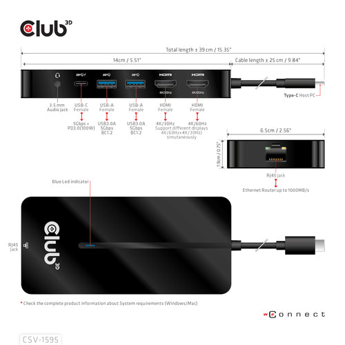 CLUB3D Type-C 7-in-1 hub with 2x HDMI, 2x USB Gen1 Type-A, 1x RJ45, 1x 3.5mm Audio, 1x USB Gen1 Type-C 100W Female port
