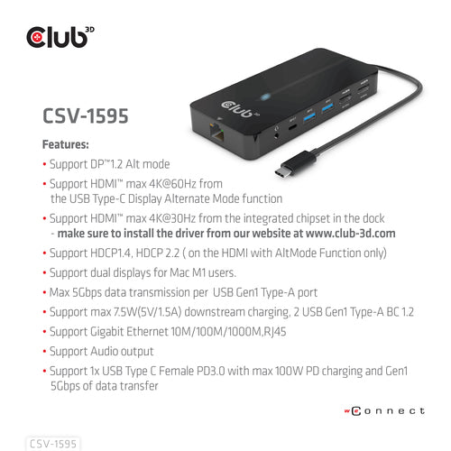 CLUB3D Type-C 7-in-1 hub with 2x HDMI, 2x USB Gen1 Type-A, 1x RJ45, 1x 3.5mm Audio, 1x USB Gen1 Type-C 100W Female port