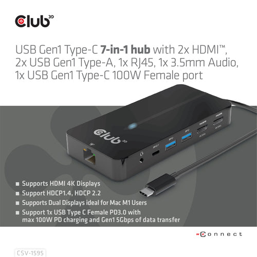 CLUB3D Type-C 7-in-1 hub with 2x HDMI, 2x USB Gen1 Type-A, 1x RJ45, 1x 3.5mm Audio, 1x USB Gen1 Type-C 100W Female port