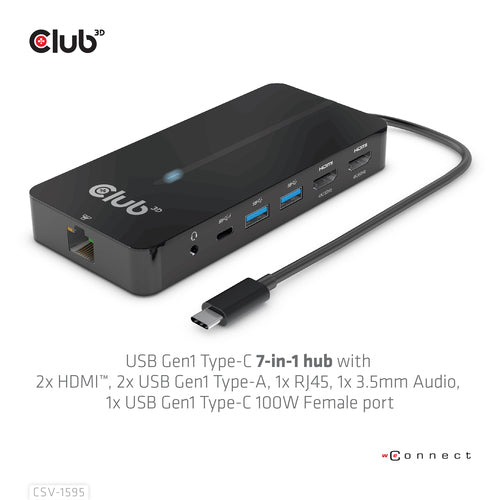 CLUB3D Type-C 7-in-1 hub with 2x HDMI, 2x USB Gen1 Type-A, 1x RJ45, 1x 3.5mm Audio, 1x USB Gen1 Type-C 100W Female port