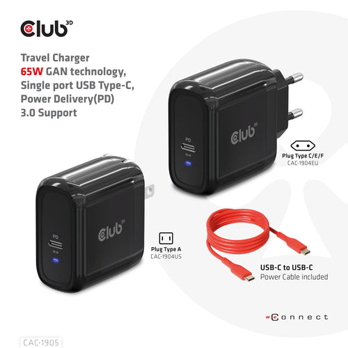 CLUB3D Travel Charger 65W GAN technology, Single port USB Type-C, Power Delivery(PD) 3.0 Support