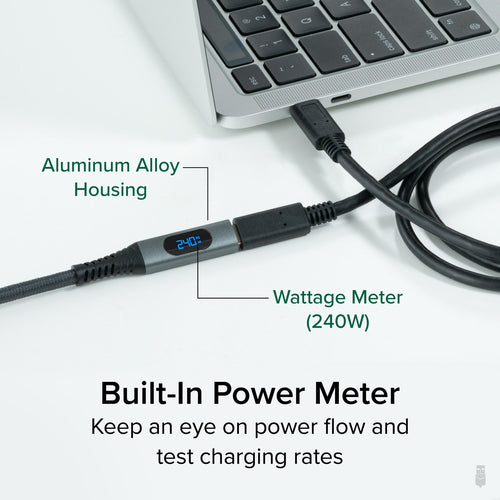 Plugable Technologies USB C Extension Cable 3.3 Ft, Digital Power Meter Tester for Monitoring USB-C Connections, Supports Fast Charging up to 240W, 4K 60Hz Display, 10Gbps Data, Digital Multimeter Tester
