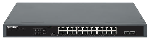 Intellinet 24-Port Gigabit Ethernet PoE+ Switch with 2 SFP Ports IEEE 802.3at/af (PoE+/PoE) Compliant, 370 W PoE Power Budget, Two 1G SFP Open Slots, Self-Healing Network, 19" Rackmount