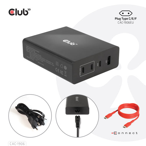 CLUB3D Travel Charger 132W GAN technology, Four port USB Type-A and -C, Power Delivery(PD) 3.0 Support