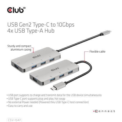 CLUB3D 4-Port USB-A Hub for USB-C – 10Gbps Fast Transfer