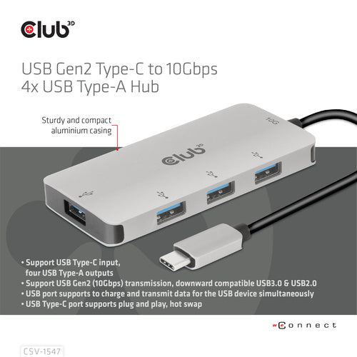 CLUB3D 4-Port USB-A Hub for USB-C – 10Gbps Fast Transfer