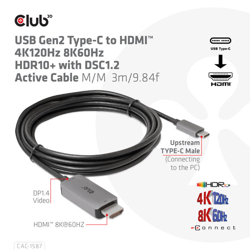 CLUB3D USB Gen2 Type-C to HDMI 4K120Hz 8K60Hz HDR10 with DSC1.2 Active Cable M/M 3m / 9.84ft