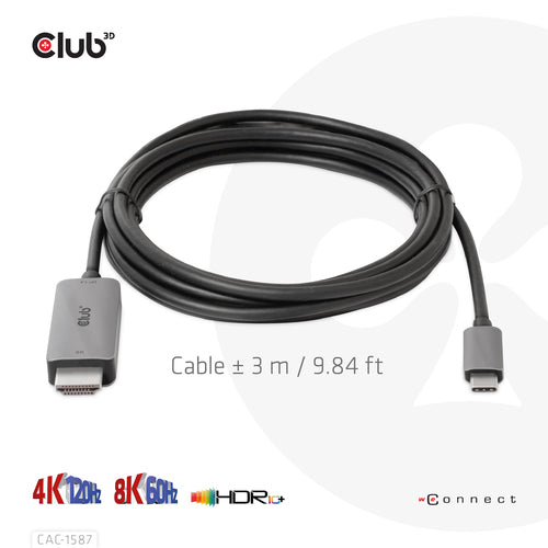 CLUB3D USB Gen2 Type-C to HDMI 4K120Hz 8K60Hz HDR10 with DSC1.2 Active Cable M/M 3m / 9.84ft