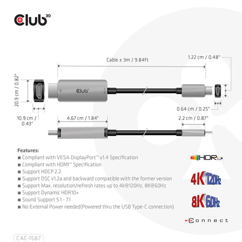 CLUB3D USB Gen2 Type-C to HDMI 4K120Hz 8K60Hz HDR10 with DSC1.2 Active Cable M/M 3m / 9.84ft