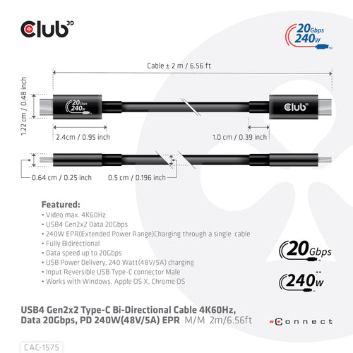 CLUB3D USB4 Gen2x2 Type-C Bi-Directional Cable 4K60Hz, Data 20Gbps, PD 240W(48V/5A) EPR M/M 2m