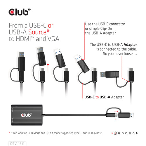 CLUB3D USB Gen1 Type-C/-A to Dual HDMI (4K/30Hz) / VGA (1080/60Hz)