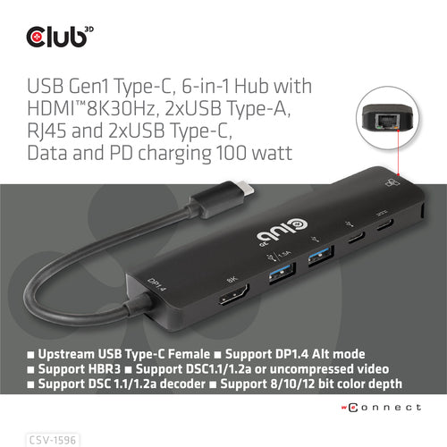 CLUB3D USB Gen1 Type-C, 6-in-1 Hub with HDMI 8K30Hz, 2xUSB Type-A, RJ45 and 2xUSB Type-C, Data and PD charging 100 watt
