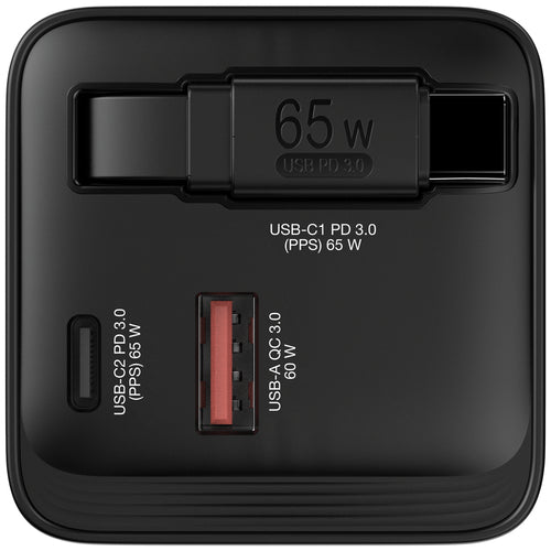 Verbatim GaN Charger 65W 2 Port retractable cable display US plugs with EU and UK adaptors