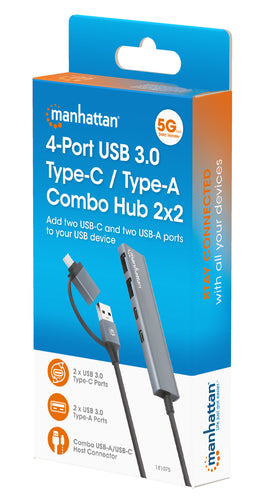 Manhattan USB-C & USB-A Combo Dock/Hub, Ports (4): USB-A (x2) and USB-C (x2), 5 Gbps (USB 3.2 Gen1 aka USB 3.0), USB powered (no external power supply required), Aluminium