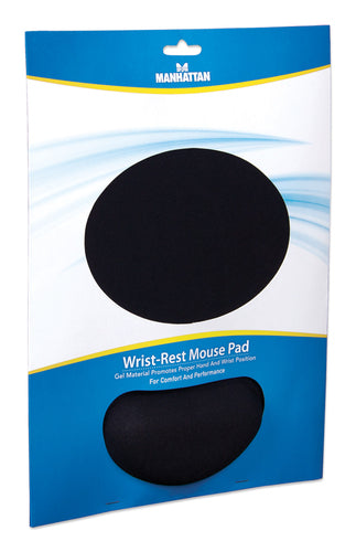 Manhattan Wrist Gel Support Pad and Mouse Mat, Black, 241 × 203 × 40 mm, non slip base, Lifetime Warranty, Card Retail Packaging