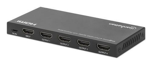 Manhattan HDMI Splitter with downscaling 4-Port , 4K@60Hz, Displays output from x1 HDMI source to x4 HD displays (same output to four displays), Downscale button to adjust a 4K input signal into 1080p, Micro-USB to USB-A power cable included (cable