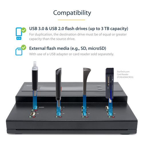 StarTech.com Standalone 1 to 7 USB Thumb Drive Duplicator and Eraser, Multiple USB Flash Drive Copier, System and File and Whole-Drive Copy at 1.5 GB/min, Single and 3-Pass Erase, LCD Display - TAA