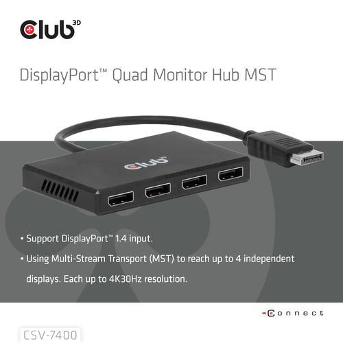 CLUB3D Quad DisplayPort™ Hub – 4 x 4K Resolution @ 30Hz, MST Support